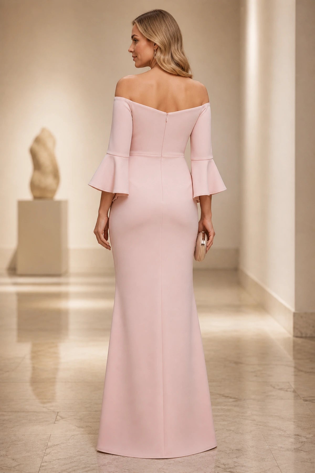 Pink long sleeve formal dress with off shoulder back and mermaid silhouette