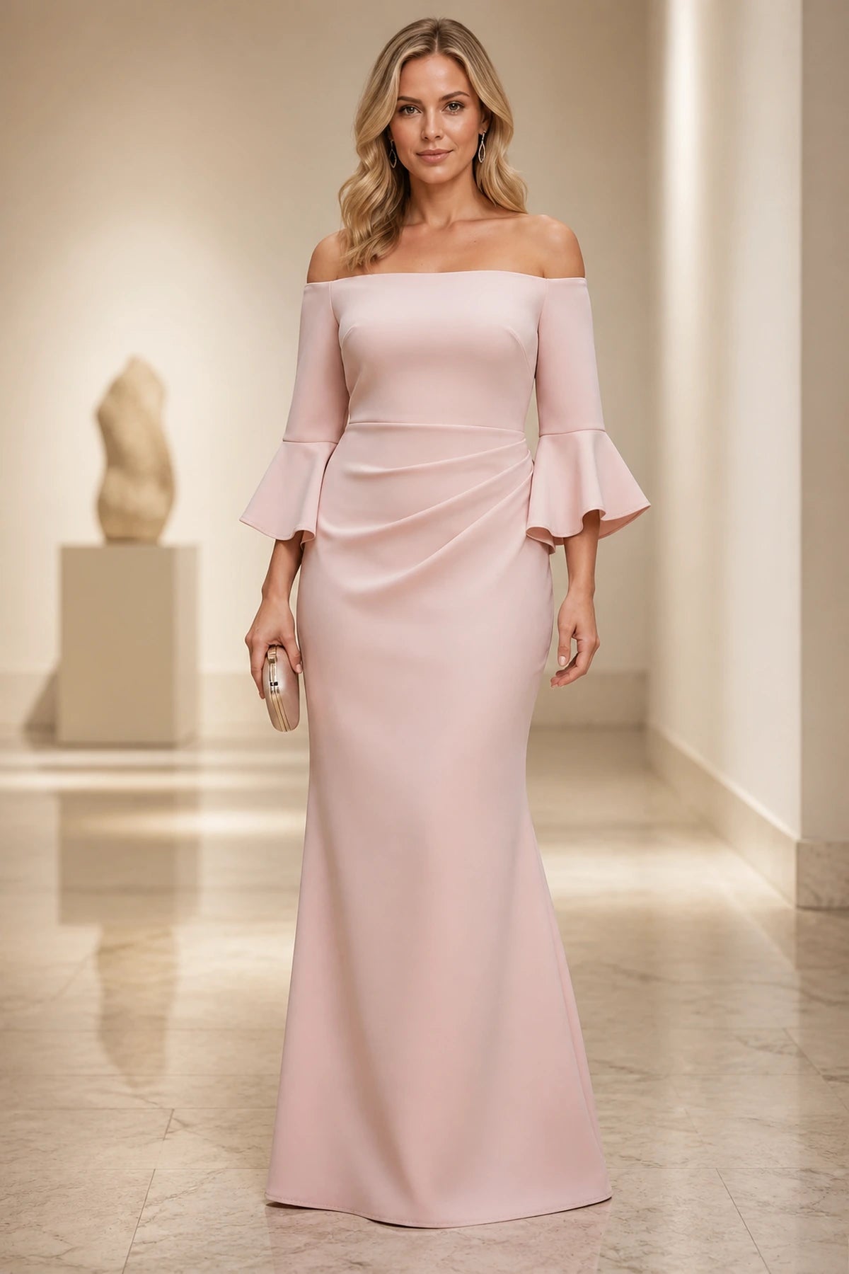 Pink off shoulder mermaid wedding guest dress with flare sleeves