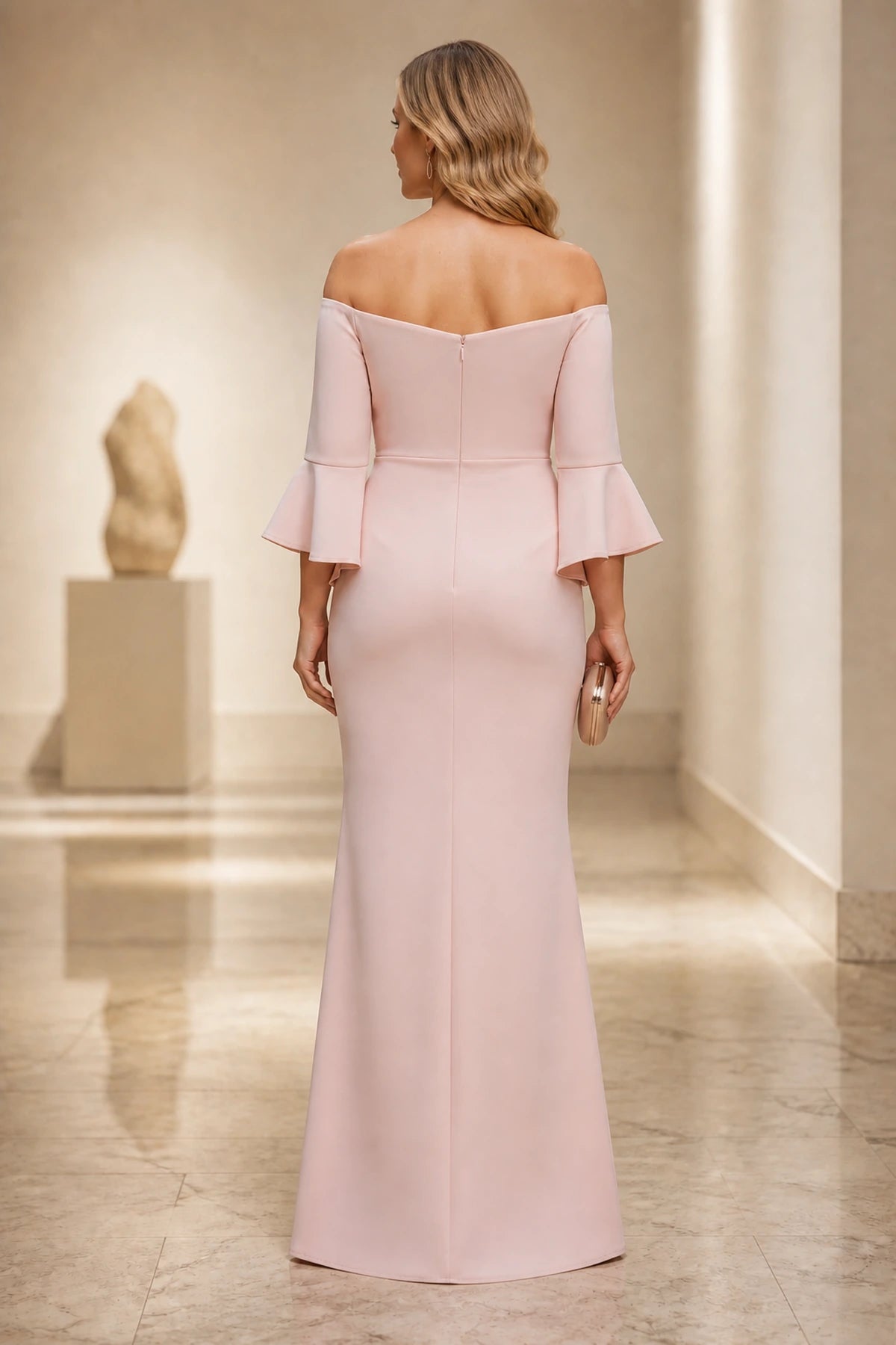Elegant Mermaid Off Shoulder Long Sleeve Flare Sleeve Wedding Guest Dress