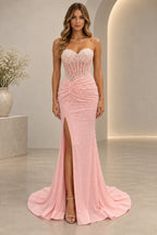 Pink pearl beaded corset mermaid prom dress with sweetheart neckline and side slit