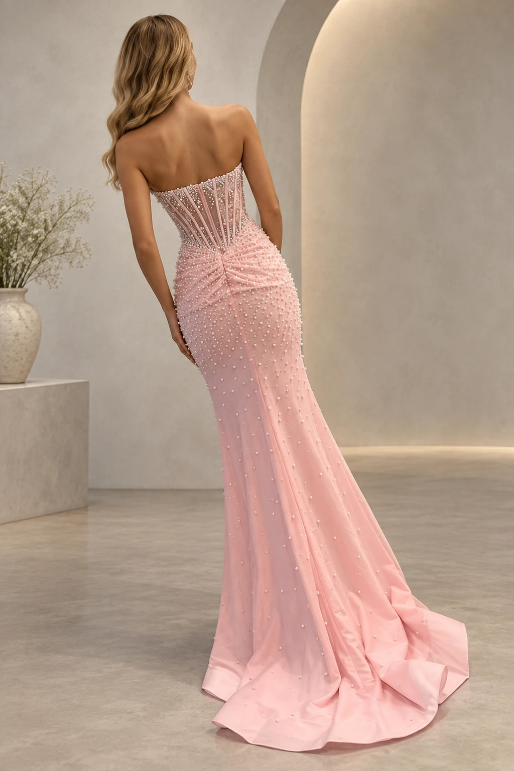 Pink pearl beaded corset mermaid prom dress with sweetheart neckline and side slit