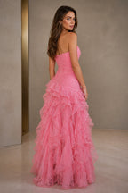 Pink strapless bridesmaid dress with fitted back and cascading tiered ruffle skirt