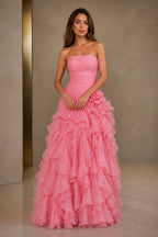 Pink sweetheart strapless floor-length bridesmaid dress with ruched bodice and tiered ruffles