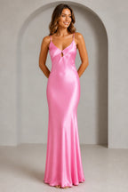 GraceProm pink satin bridesmaid dress with V neckline spaghetti straps front keyhole and floor length sheath silhouette