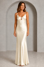Romantic Sheath V Neck Sleeveless Tie Back Floor Length Bridesmaid Dress