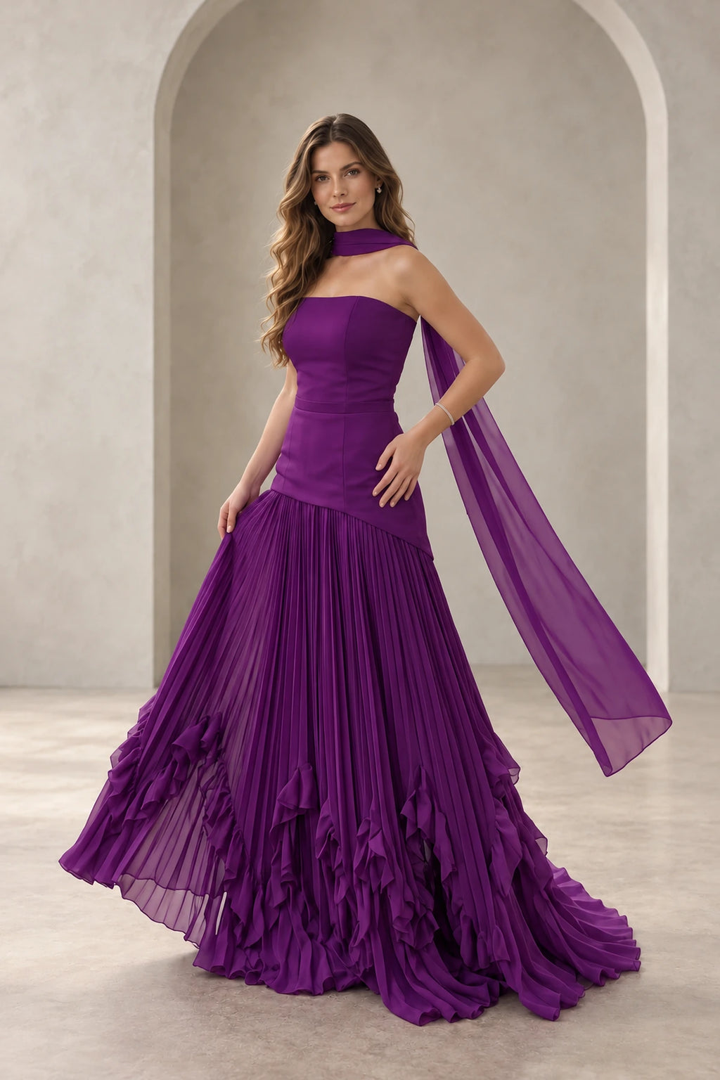 Elegant Pleated Chiffon Fit and Flare Strapless Zipper Back Floor Length Prom Dress