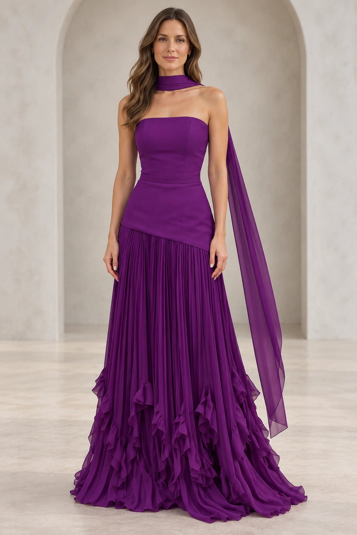 Elegant Pleated Chiffon Fit and Flare Strapless Zipper Back Floor Length Prom Dress