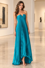 Graceprom teal chiffon wedding guest dress with a strapless V-notched neckline, accordion pleats and an ankle-revealing high low hem.