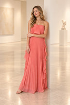 Romantic Pleated Chiffon Sheath Strapless Sleeveless Ruffle Back Floor Length Wedding Guest Dress