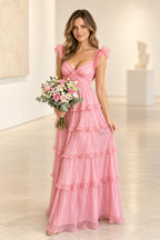 Pink pleated chiffon A-line bridesmaid dress with V neckline, ruffle cap sleeves, ruched waist and cascading tiered floor length skirt by Graceprom