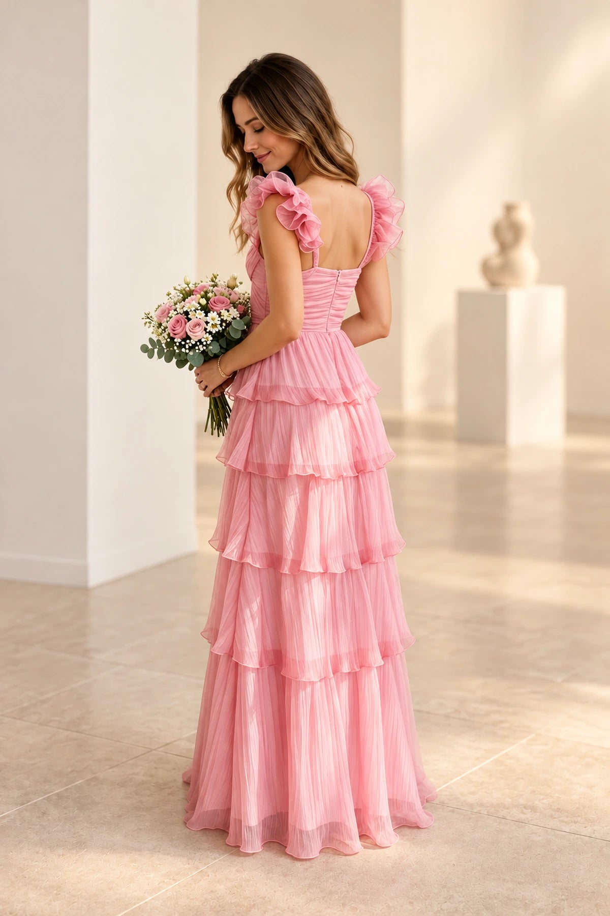 Romantic Pleated Chiffon A-Line V Neck Ruffle Sleeve V Back Floor Length Bridesmaid Dress