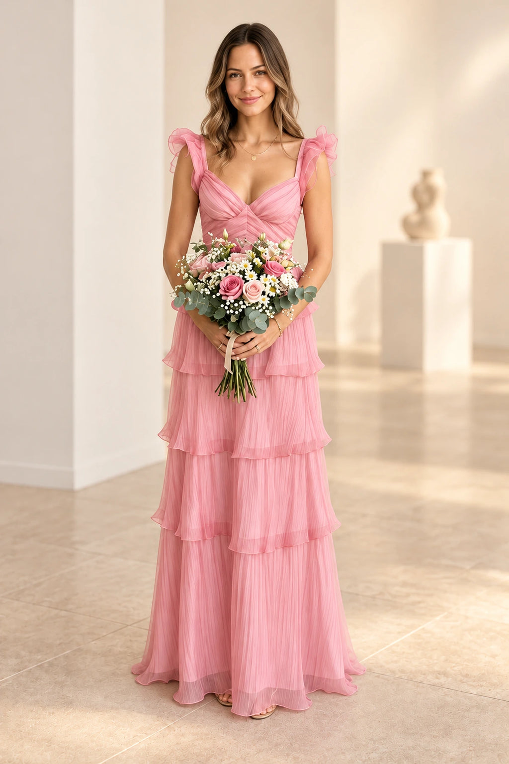 Romantic Pleated Chiffon A-Line V Neck Ruffle Sleeve V Back Floor Length Bridesmaid Dress