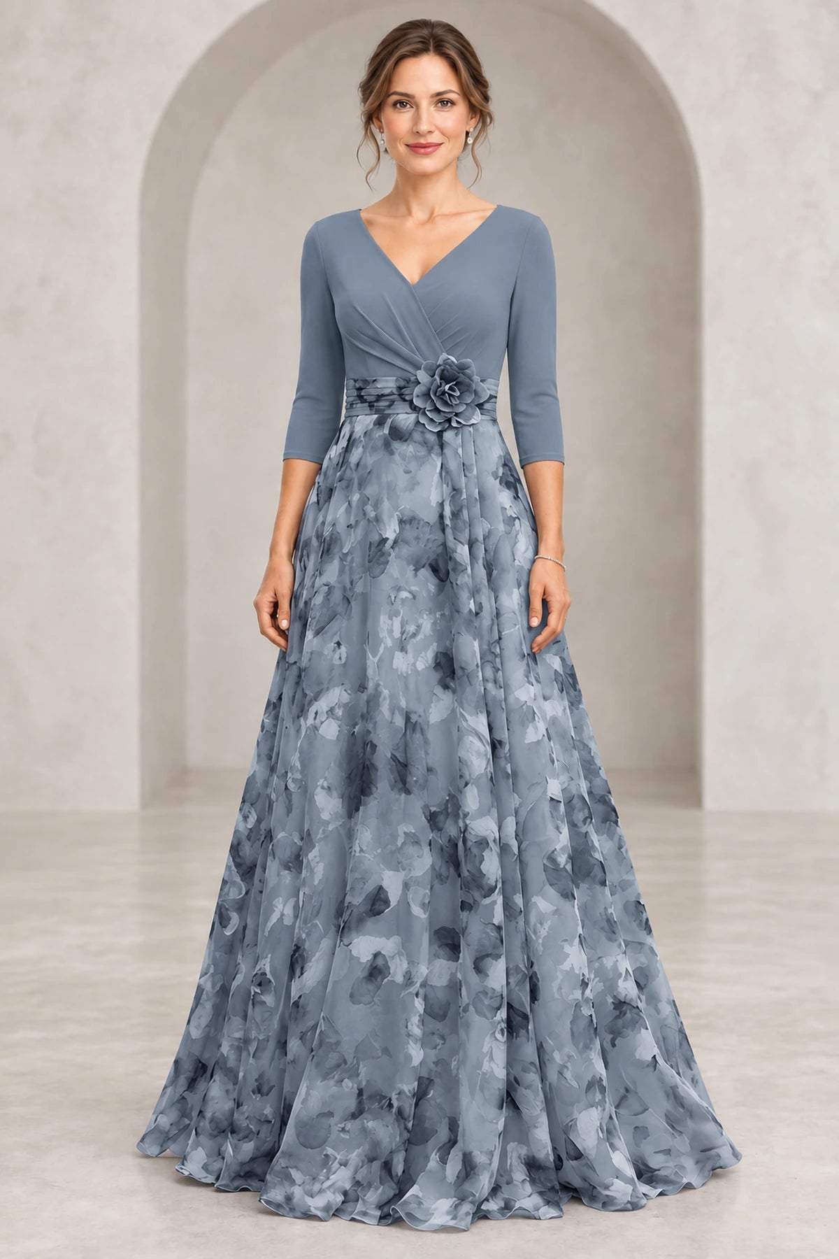 Romantic A-Line V-Neck 3/4 Sleeves V-Back Floor-Length Mother of the Bride Dress