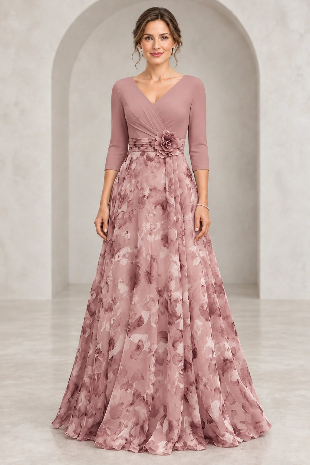 Romantic A-Line V-Neck 3/4 Sleeves V-Back Floor-Length Mother of the Bride Dress