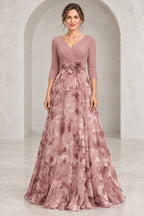 Romantic A-Line V-Neck 3/4 Sleeves V-Back Floor-Length Mother of the Bride Dress