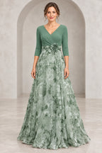 Romantic A-Line V-Neck 3/4 Sleeves V-Back Floor-Length Mother of the Bride Dress