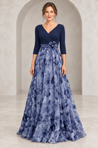 Romantic A-Line V-Neck 3/4 Sleeves V-Back Floor-Length Mother of the Bride Dress