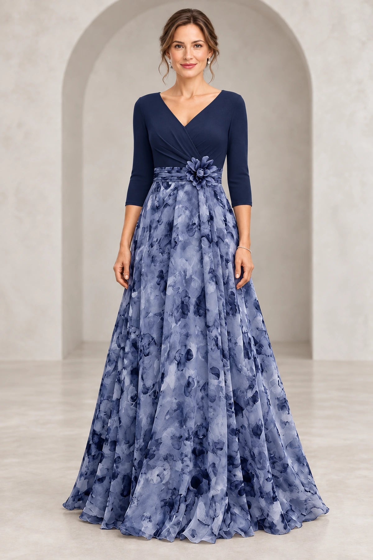 Romantic A-Line V-Neck 3/4 Sleeves V-Back Floor-Length Mother of the Bride Dress