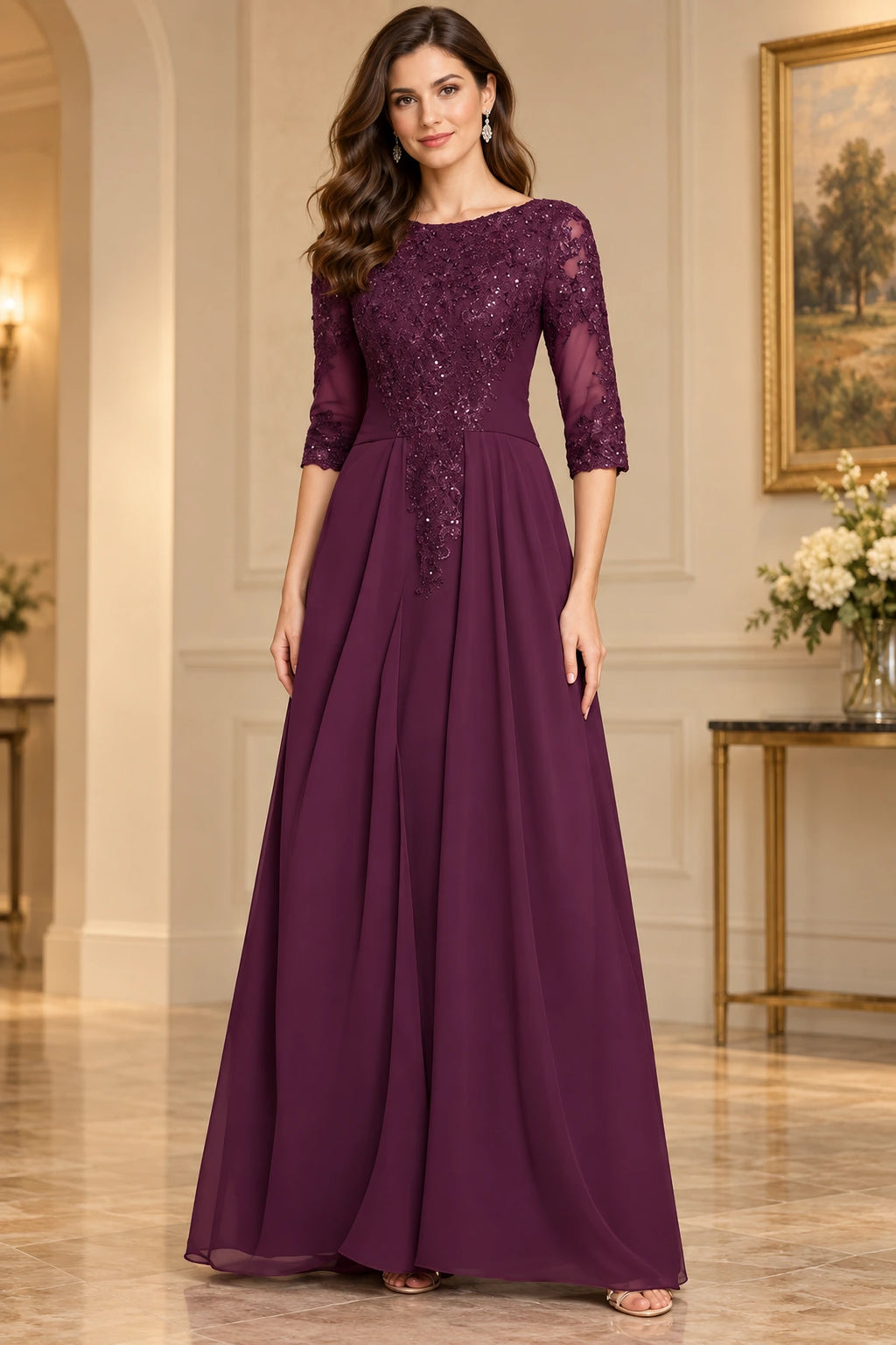 Plum mother of the bride dress with boat neckline three quarter lace sleeves embroidered bodice and A-line floor length skirt