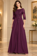 Plum mother of the bride dress with boat neckline three quarter lace sleeves embroidered bodice and A-line floor length skirt