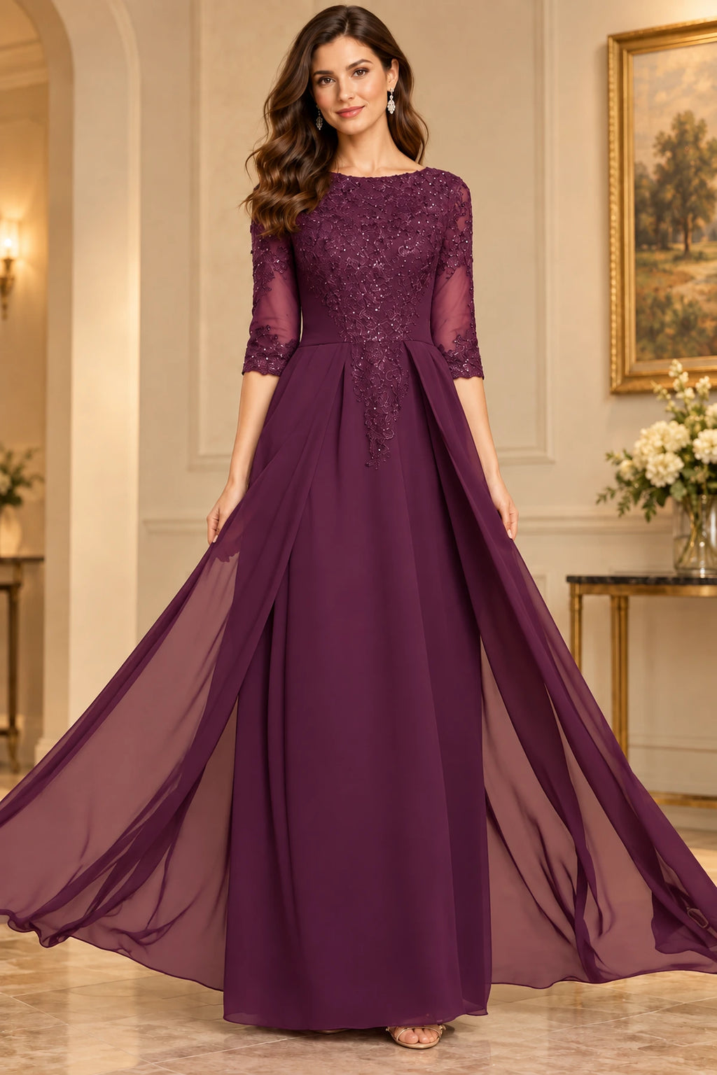 Sophisticated A Line Boat Neck Three Quarter Sleeve Back Zip Floor Length Mother of the Bride Dress