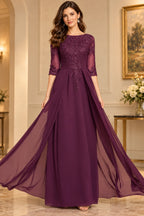 Sophisticated A Line Boat Neck Three Quarter Sleeve Back Zip Floor Length Mother of the Bride Dress