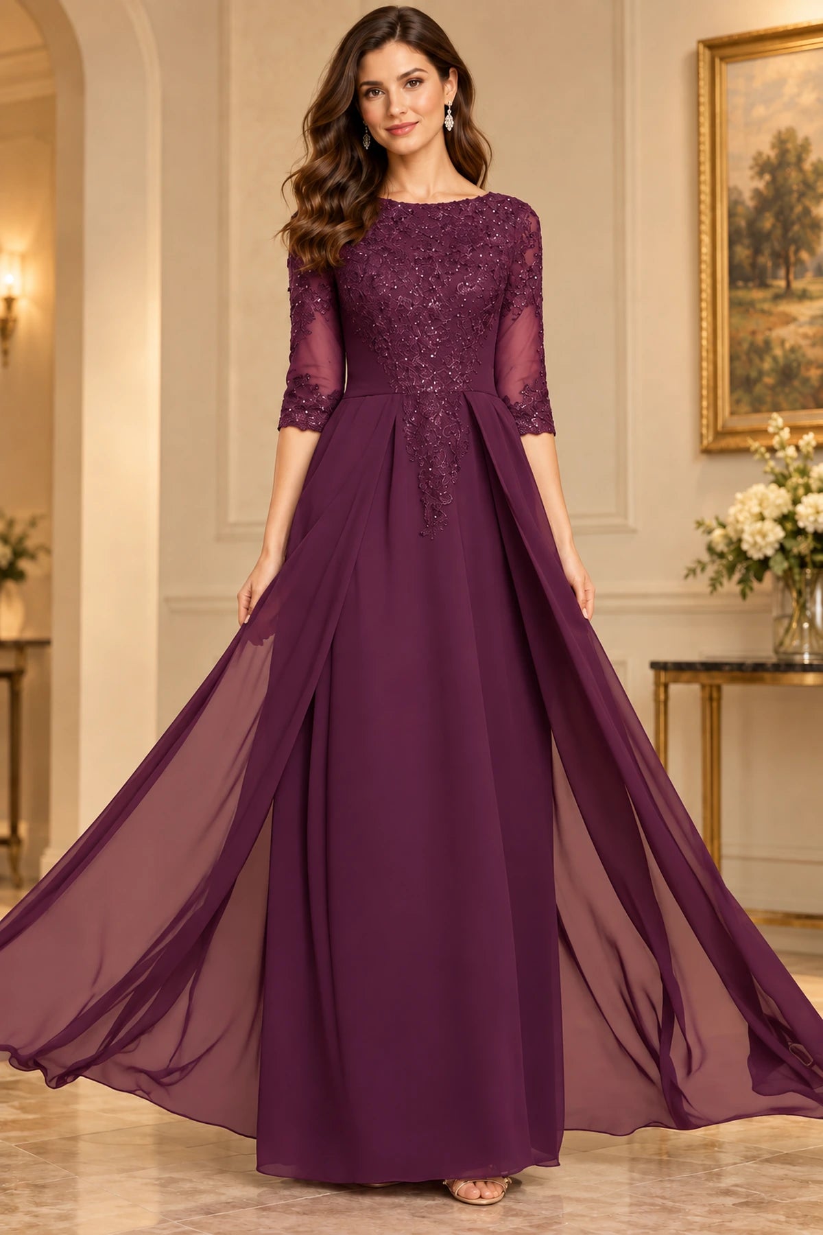 Sophisticated A Line Boat Neck Three Quarter Sleeve Back Zip Floor Length Mother of the Bride Dress