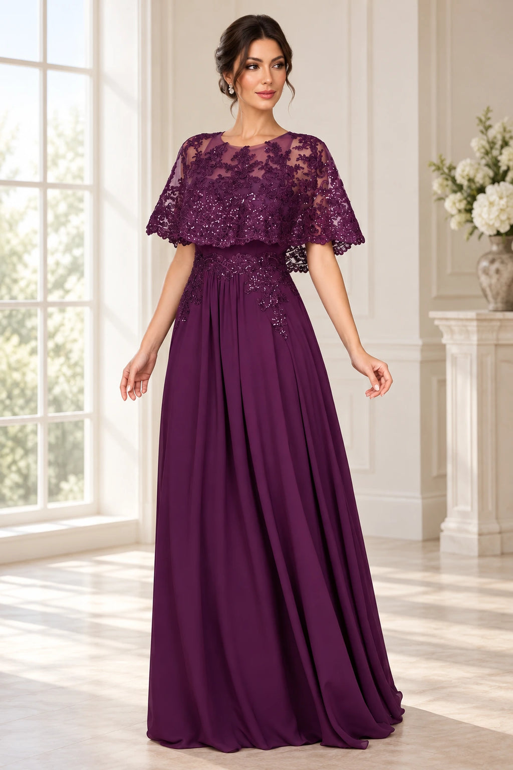 Plum mother of the bride dress with lace cape sleeves round neckline and flowing A-line floor length skirt