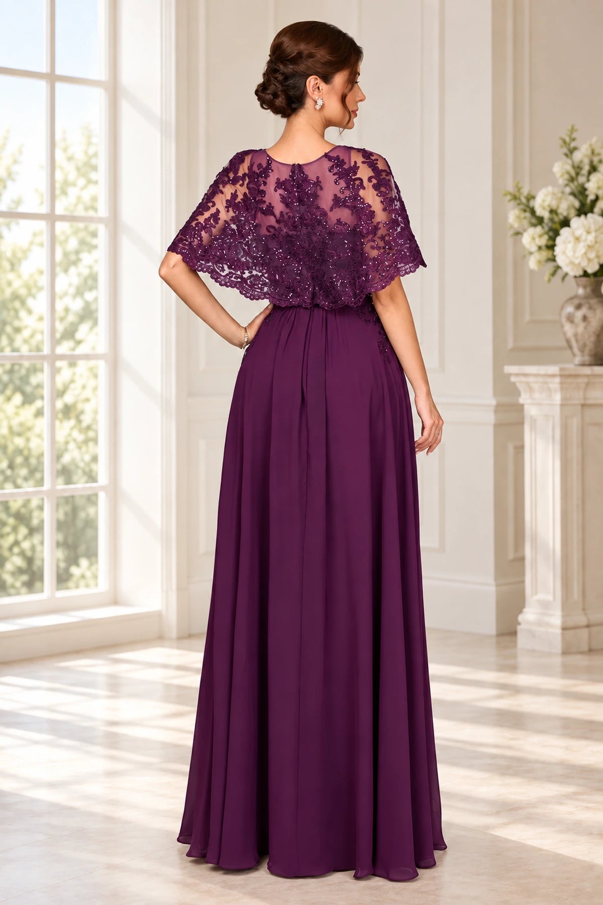 Plum lace cape sleeve mother of the bride dress with elegant back design and long A-line skirt