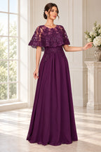 Elegant A-Line Round Neck Cape Sleeve Long Mother of the Bride Dress