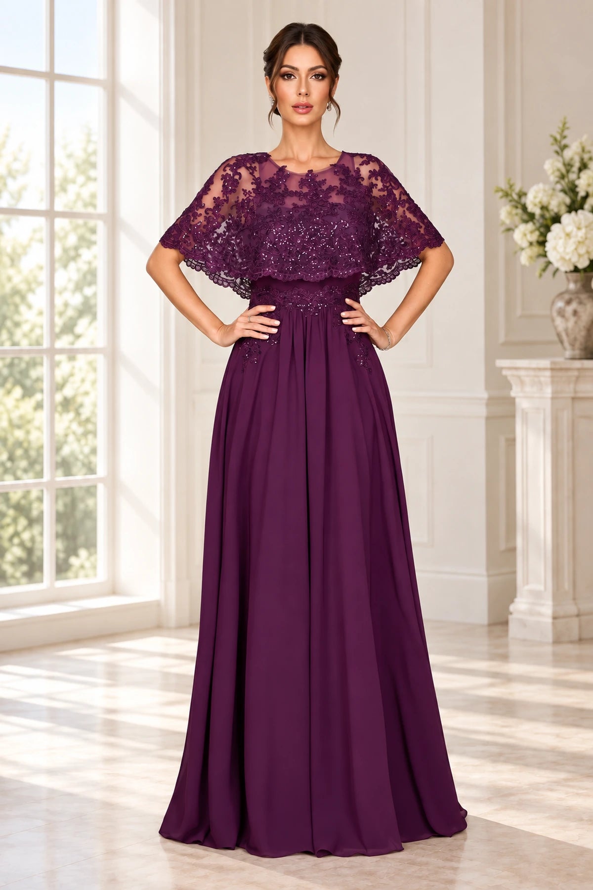 Elegant A-Line Round Neck Cape Sleeve Long Mother of the Bride Dress