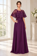 Elegant A-Line Round Neck Cape Sleeve Long Mother of the Bride Dress