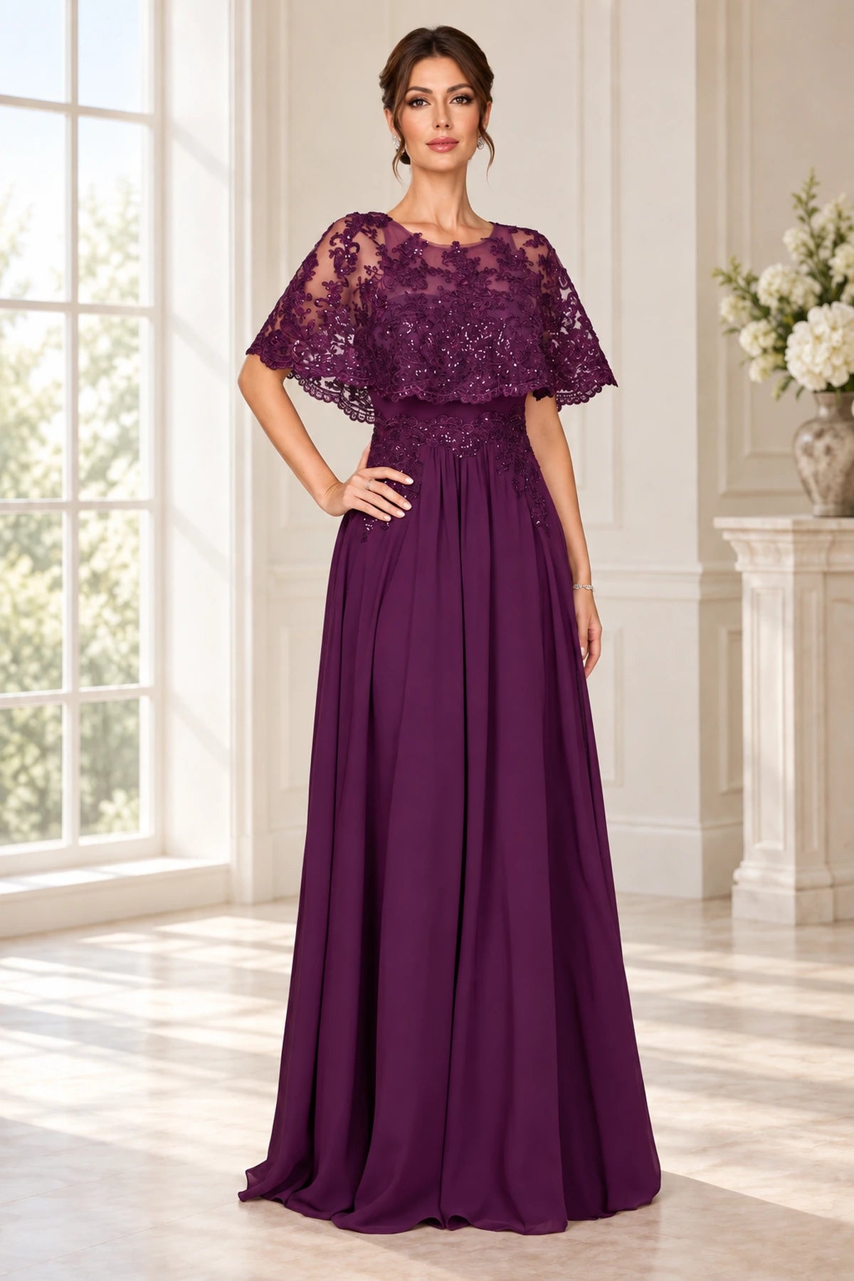Elegant A-Line Round Neck Cape Sleeve Long Mother of the Bride Dress