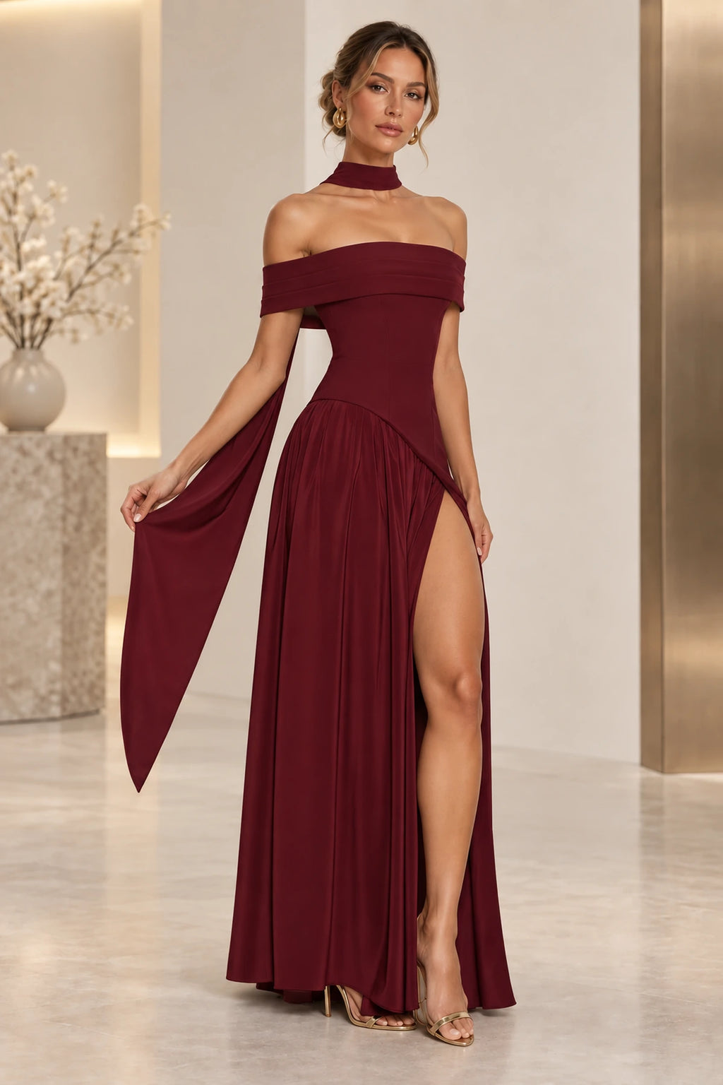 Elegant Off Shoulder Corset Waist High Slit Long Bridesmaid Dress