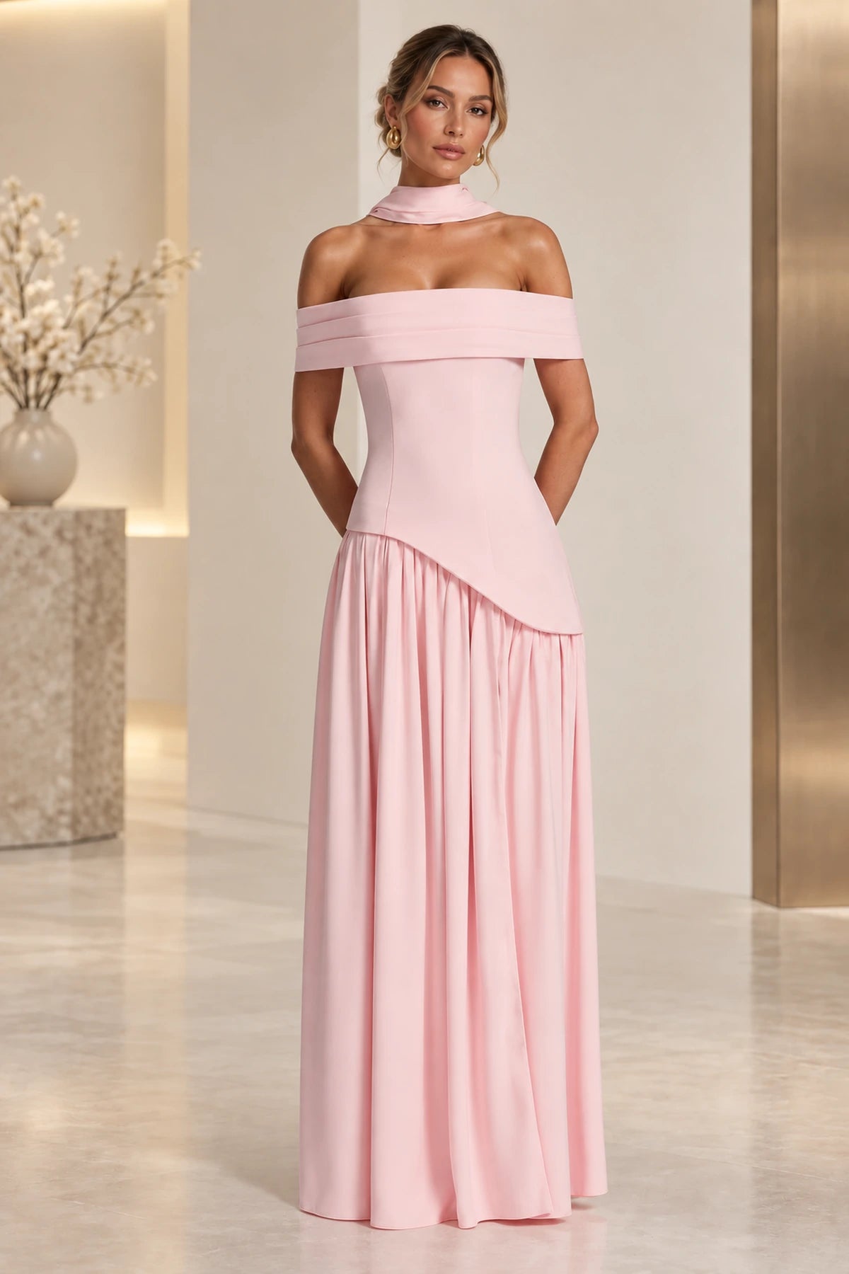 Elegant Off Shoulder Corset Waist High Slit Long Bridesmaid Dress