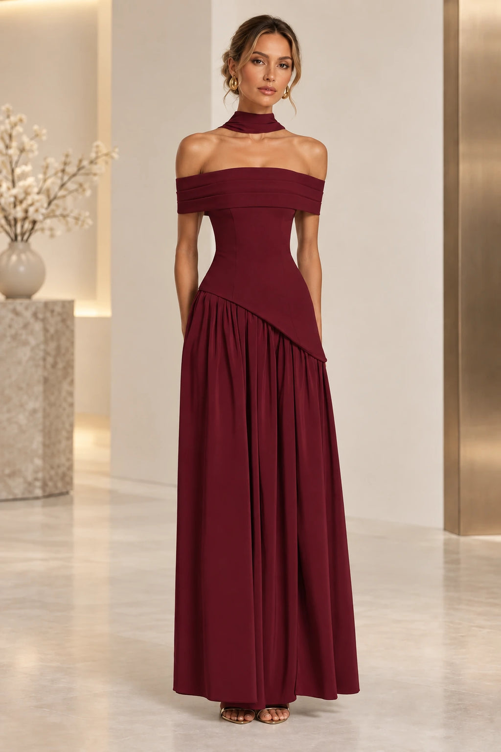 Elegant Off Shoulder Corset Waist High Slit Long Bridesmaid Dress