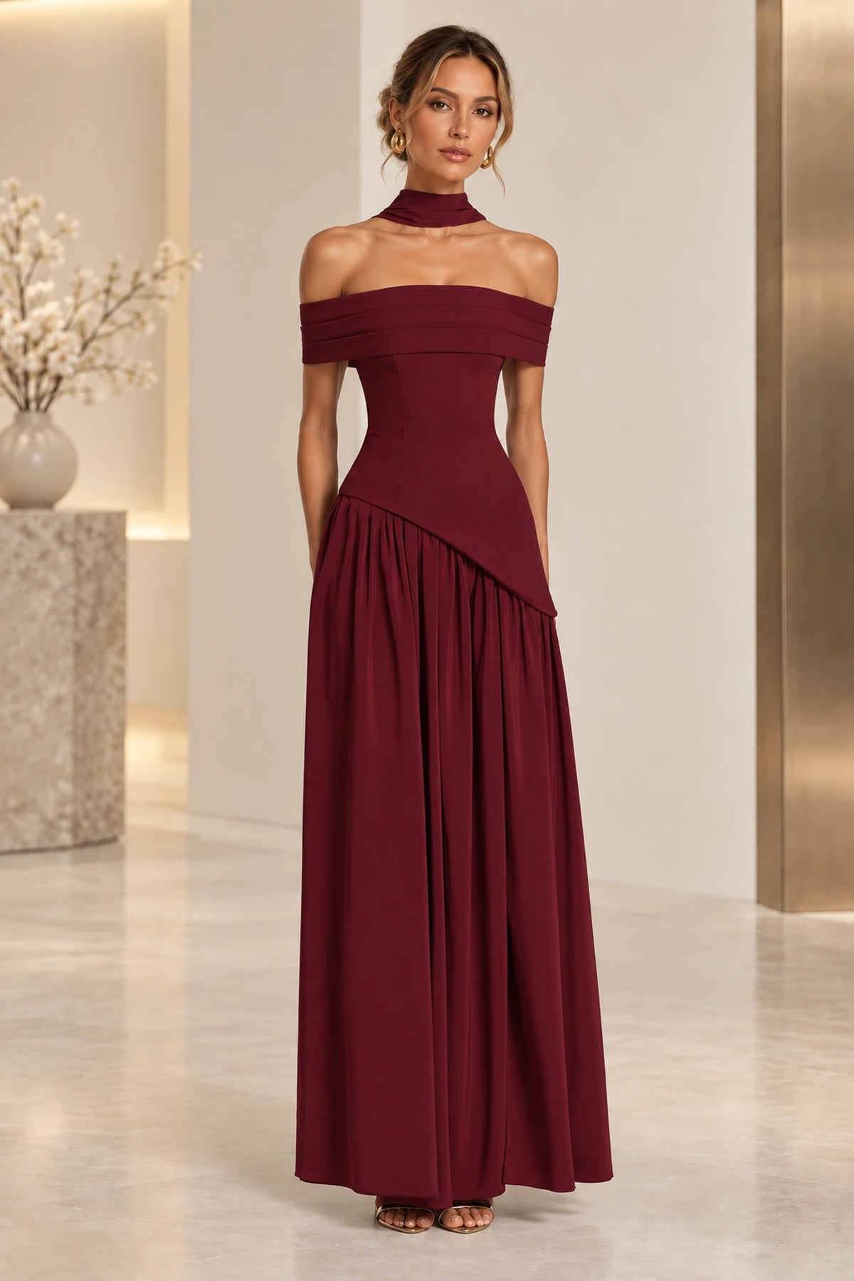 Elegant Off Shoulder Corset Waist High Slit Long Bridesmaid Dress