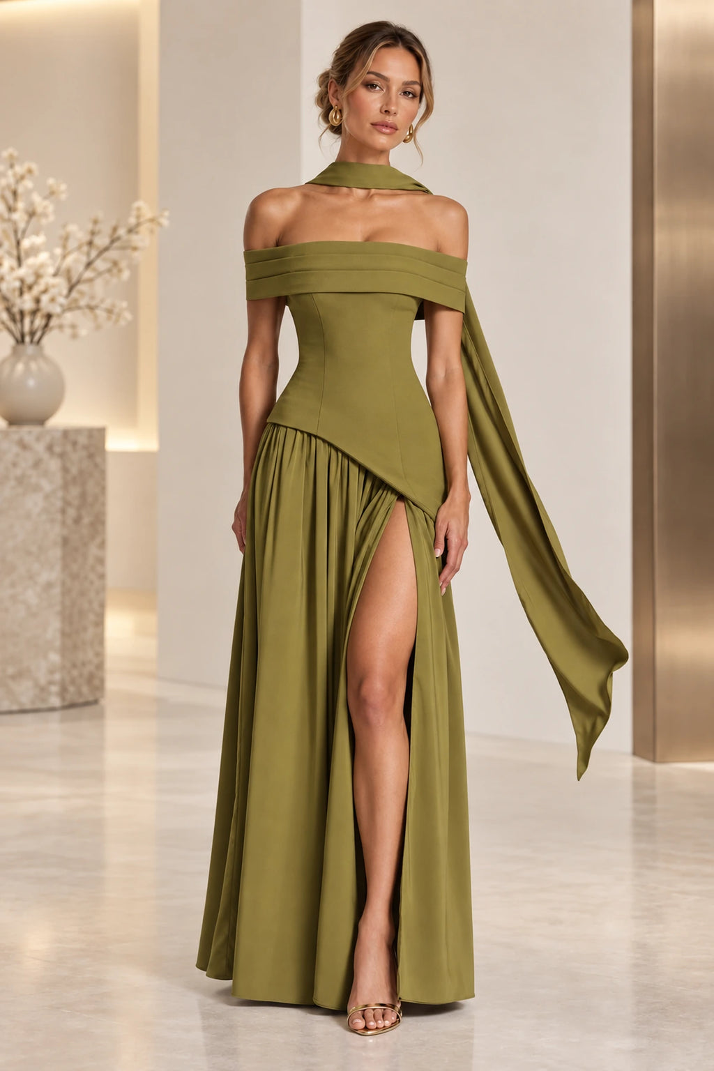 Elegant Off Shoulder Corset Waist High Slit Long Bridesmaid Dress