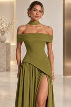 Elegant Off Shoulder Corset Waist High Slit Long Bridesmaid Dress