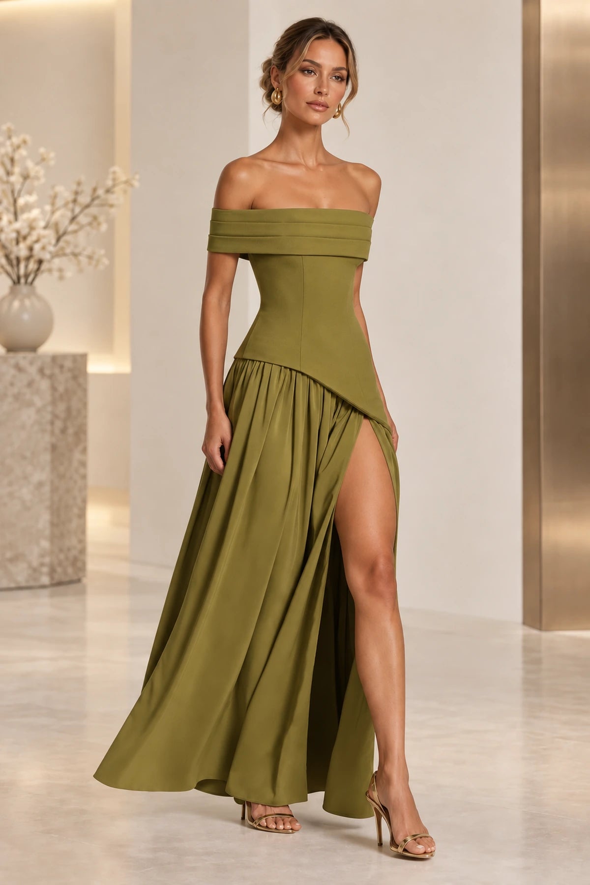 Elegant Off Shoulder Corset Waist High Slit Long Bridesmaid Dress