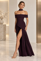 Graceprom plum purple off shoulder high slit bridesmaid dress front view
