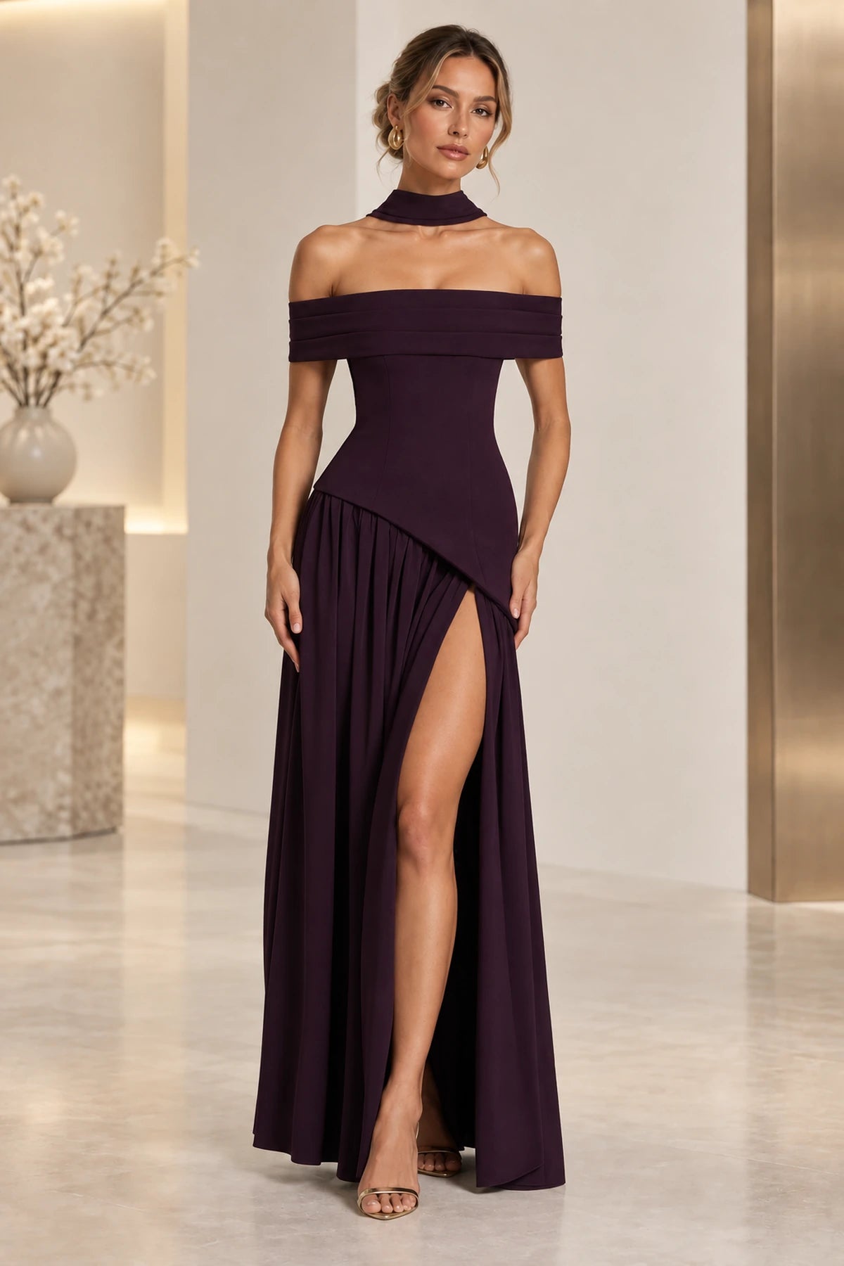 Elegant Off Shoulder Corset Waist High Slit Long Bridesmaid Dress