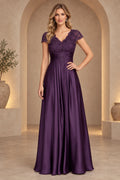 Plum purple mother of the bride dress with V neck lace bodice short sleeves and long A-line skirt