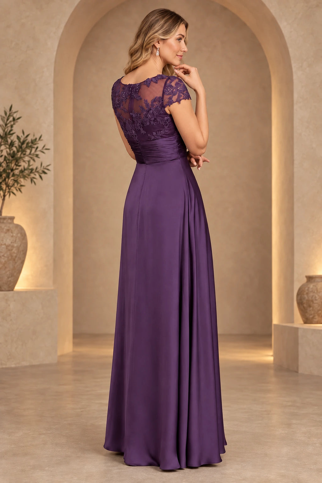 Plum purple mother of the bride dress with illusion lace back short sleeves and floor length skirt