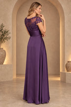 Plum purple mother of the bride dress with illusion lace back short sleeves and floor length skirt
