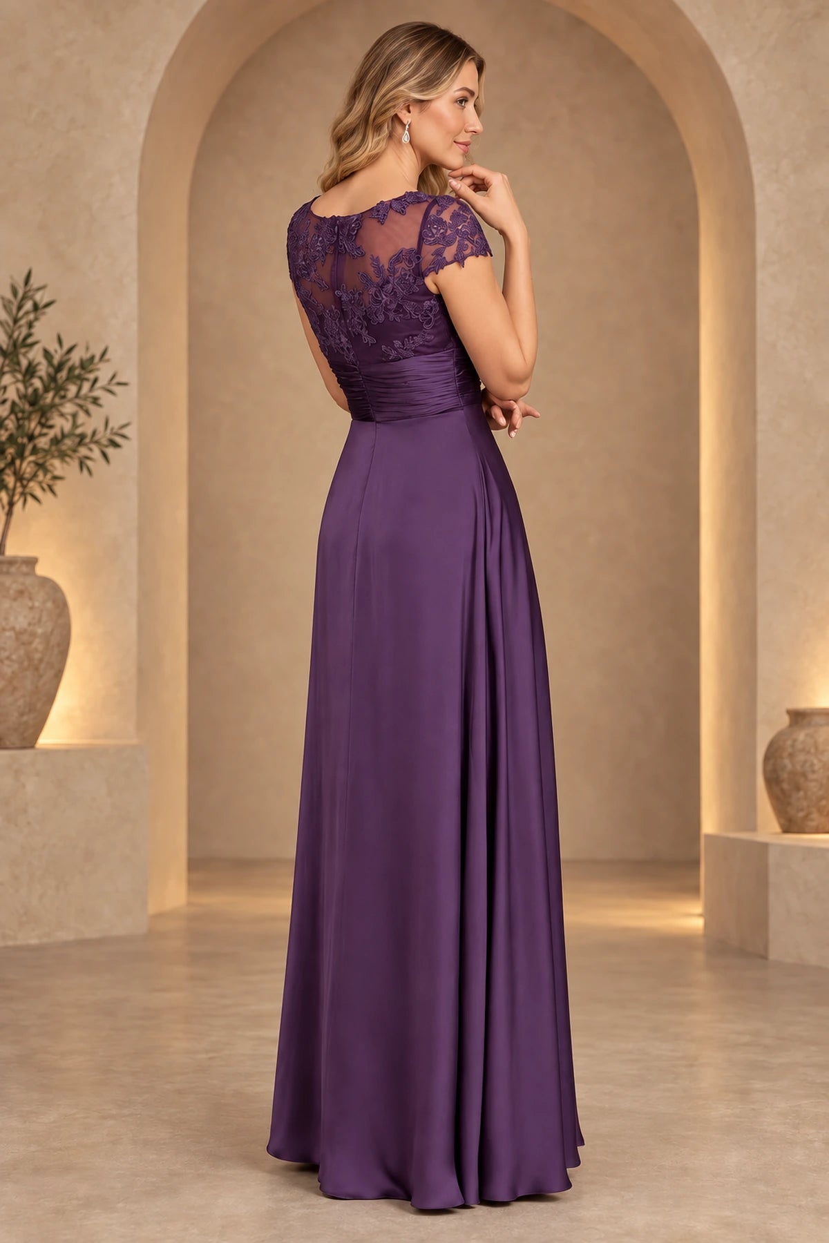 Plum purple mother of the bride dress with illusion lace back short sleeves and floor length skirt