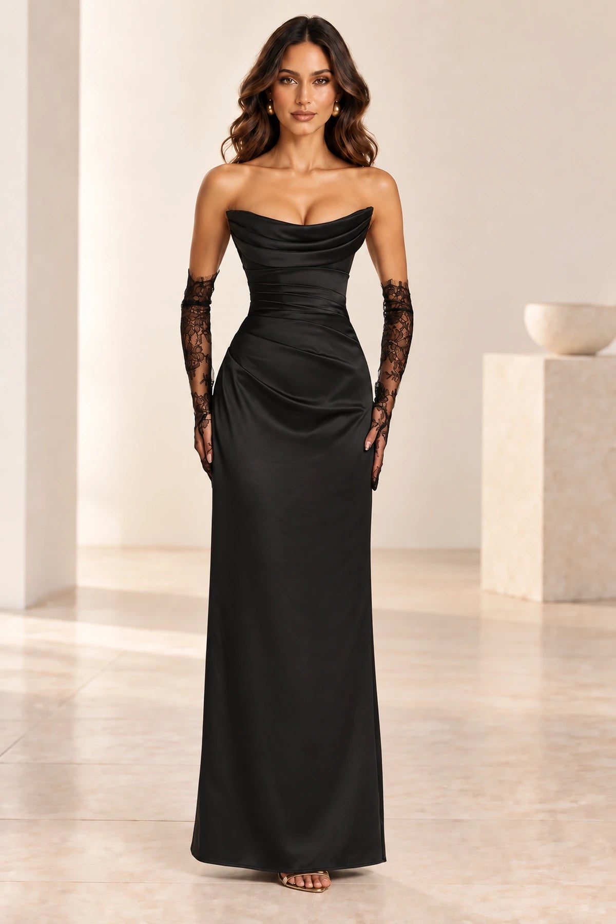 Elegant Column Draped Strapless Corset Back Floor Length Wedding Guest Dress