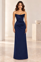 Elegant Column Draped Strapless Corset Back Floor Length Wedding Guest Dress