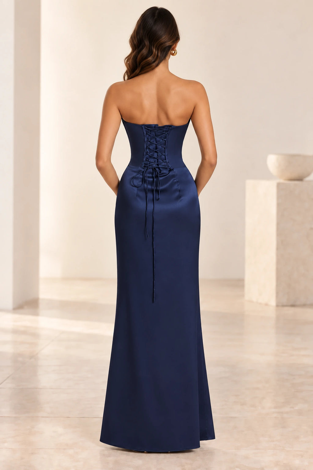 Elegant Column Draped Strapless Corset Back Floor Length Wedding Guest Dress