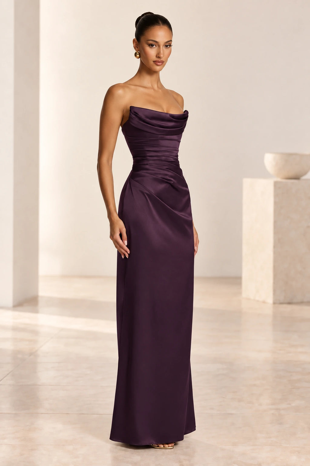 Elegant Column Draped Strapless Corset Back Floor Length Wedding Guest Dress